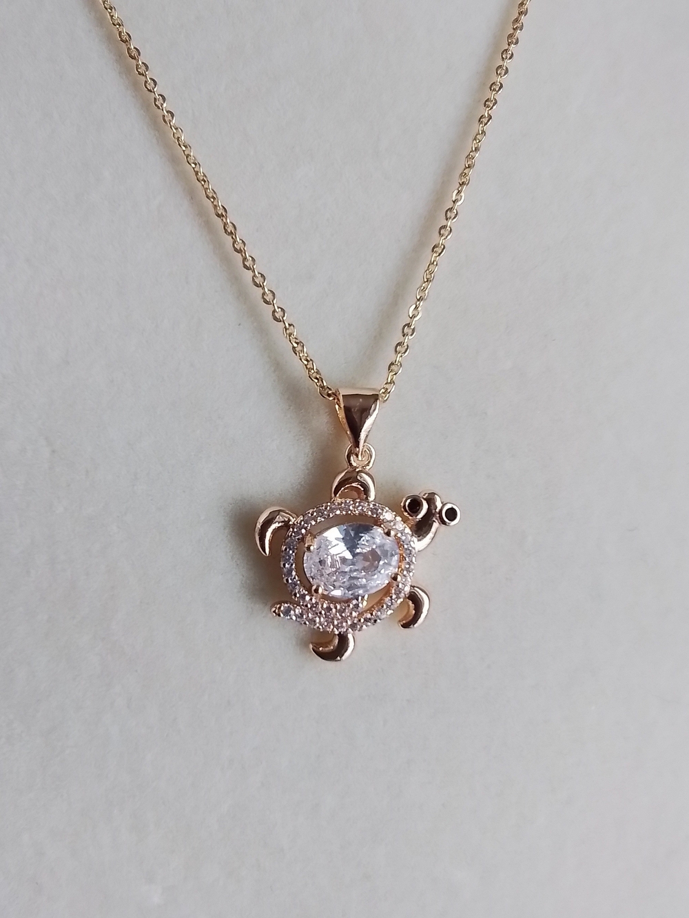 Gold Turtle Pendant Necklace with Clear CZ